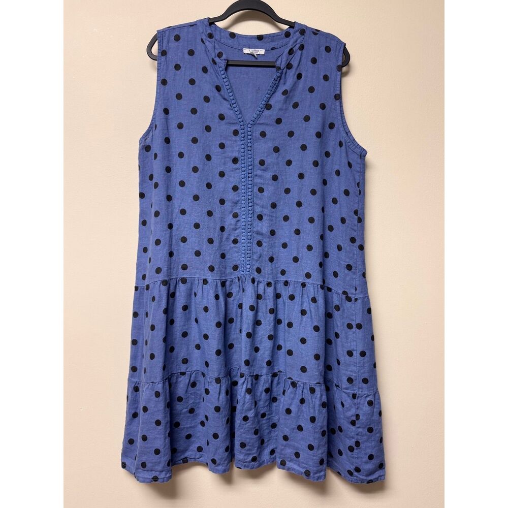 ROSEMARINE Blue Babydoll Dress Polka Dots V-Neck Sleeveless, 100% Linen, Sz XL